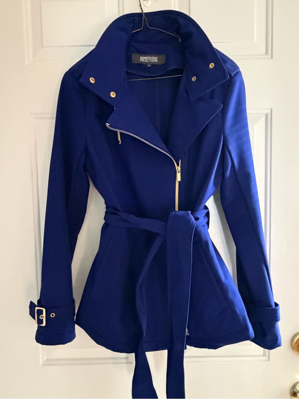Kenneth Cole Royal Blue Belted Trench Coat with Gold Hardware